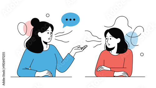 Woman expressing discomfort about another woman's bad breath during a conversation while sitting together at a table.