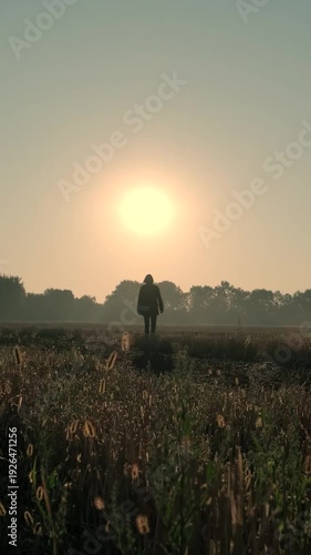 Silhouette of a man walking through a burnt field towards the setting sun.