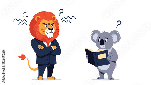 Angry lion boss in a business suit scolding a small koala student who is holding an open book on a white background.