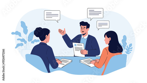 Professional man in a business suit presenting important documents to two female colleagues during an office meeting.