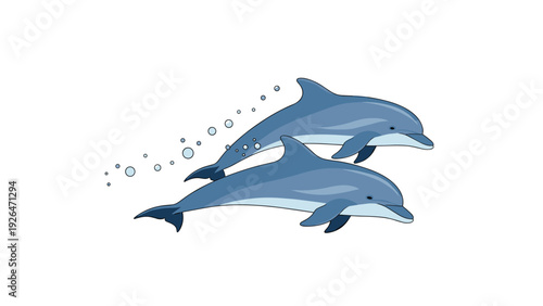 Two blue dolphins swimming gracefully together through the water with a long trail of bubbles following behind them.