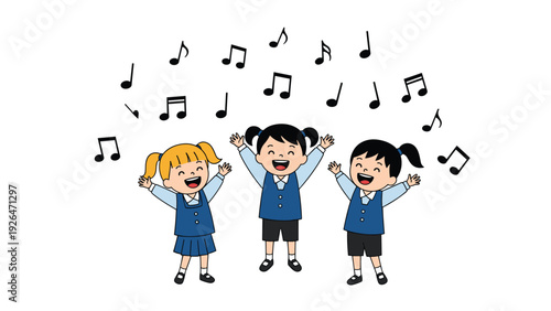 Group of three happy schoolgirls singing together with musical notes floating in the air above their heads in joy.