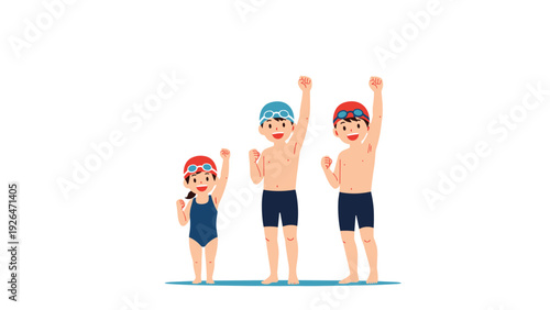 Three happy children in colorful swimming gear raising their fists in celebration while standing near the water.