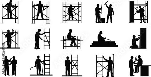Construction Workers and Scaffold Silhouette Collection Featuring Builders, Painters and Handymen with Tools on Ladders and Platforms Vector Illustration Set