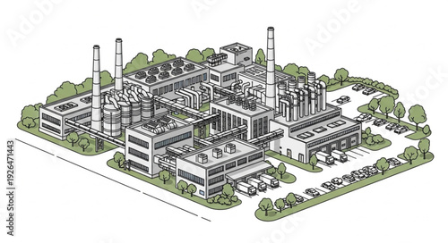 Detailed architectural illustration of a large industrial power plant complex with multiple structures.