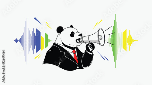 Panda character in a business suit shouting into a megaphone with colorful sound wave graphics on a white background.