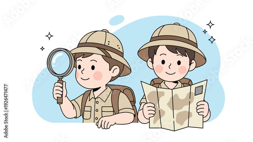 Two young boy scouts in explorer hats and outfits, one using a magnifying glass and the other checking a map.