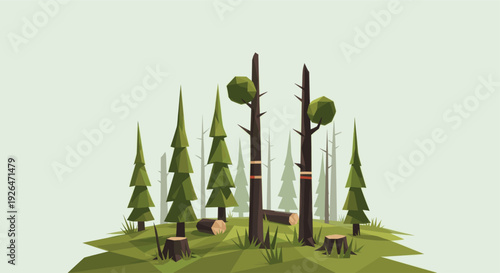 A stylized low poly forest scene featuring coniferous trees, tree stumps, and felled logs, creating a concept of deforestation with soft colors and a minimalist aesthetic.