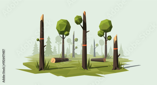 Low poly style illustration of deforestation featuring cut down trees and logs in a forest, depicting environmental issues and logging industry.