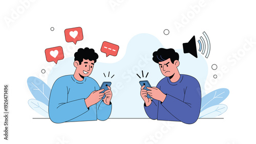 Illustration of two men using smartphones, one receiving positive hearts and the other getting negative comments.