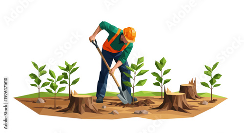 Illustration of a worker planting a young tree sapling with a shovel in an area with tree stumps, showing reforestation and environmental efforts.