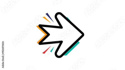 Stylized directional arrow icon with bold black outlines and vibrant multi-colored decorative accents pointing toward the right side.
