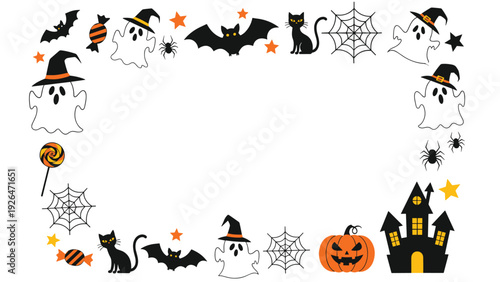 Decorative Halloween frame border featuring festive icons like ghosts, black cats, bats, spiders, pumpkins, and a haunted castle on white.