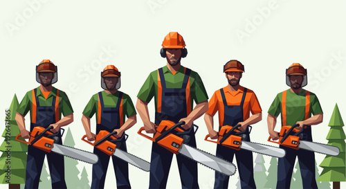 Illustration of diverse lumberjacks holding chainsaws in a forest setting, showcasing teamwork, profession, safety, and industry, suitable for forestry or construction related visuals.