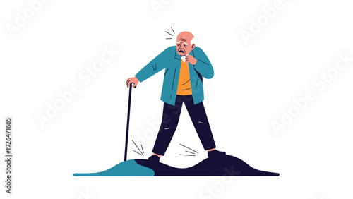 Elderly man using a walking stick while struggling to navigate over unstable or rocky ground surfaces with an expression of distress.