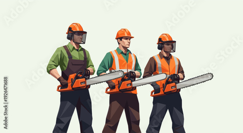 Three arborist workers in safety gear stand with chainsaws, ready for tree trimming and removal; a vector illustration on a plain background, suitable for construction and safety themes.