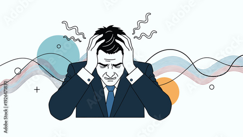 Businessman in a dark suit suffering from a severe headache or migraine clutching his head against a background of wavy lines.