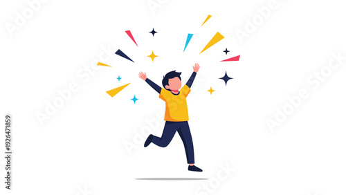 Joyful boy character jumping in the air with arms raised in victory surrounded by colorful explosive geometric shapes and stars.