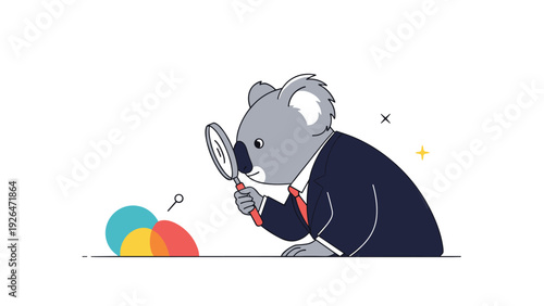 Curious koala in a business suit using a magnifying glass to inspect colorful overlapping circles on the ground for research.