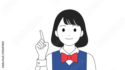 Young schoolgirl in a blue vest and red bowtie smiling while pointing her finger upwards to indicate an idea or direction.