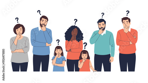 Diverse group of men, women, and children standing together looking confused and thoughtful with question marks above their heads.