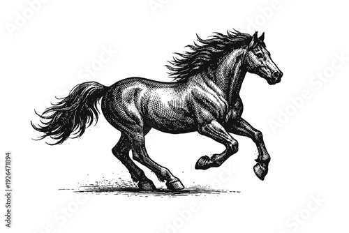 Dynamic Black and White Engraved Illustration of a Majestic Galloping Horse, Captured in a Powerful Vintage Woodcut Style with Intricate Cross-Hatching, Evoking Freedom, Strength, and Equine Graceful