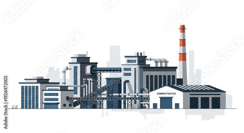 Modern industrial complex with tall smokestack, representing manufacturing and production.