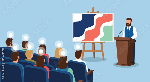 Business Presentation Seminar Conference Speaker and Audience Vector Illustration