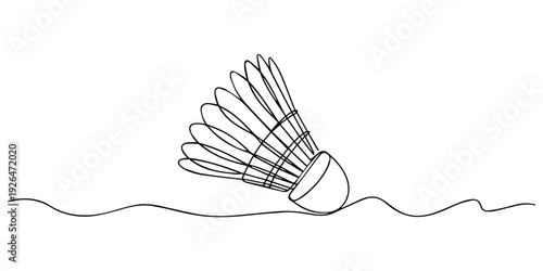 One continuous line illustration of a badminton shuttlecock, Badminton ball one line drawing, Continuous hand drawn sport theme object, Shuttlecock one line drawing style badminton sport. Continuous.