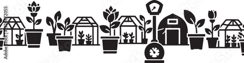 Black and white illustration of garden and greenhouses scene