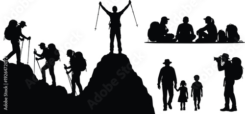 Hiking and Outdoor Adventure Silhouette Collection Featuring Climbers, Backpackers, Mountain Summit Success, Camping Group and Family Nature Exploration Vector Illustration Set