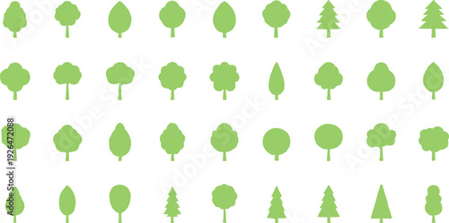  green tree icons arranged against a clean white background. The use of light green for the trees evokes a sense of freshness and vitality, symbolizing nature and growth.