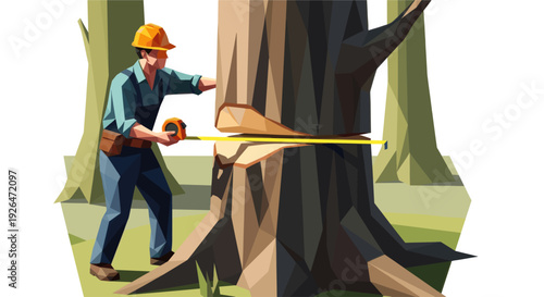 Vector illustration of a logger with hardhat measuring a thick tree in a forest, preparing to cut it down with precision for lumber or safety.