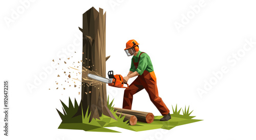 Illustration depicting a lumberjack expertly cutting down a tree using a chainsaw, complete with safety gear and wood chips flying, suitable for forestry or construction themes.