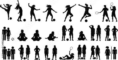 Active children silhouettes collection with soccer tennis yoga poses, boys and girls sports activities vector illustration set