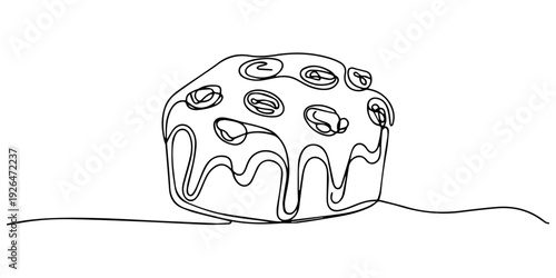 Delicious raisin scone with icing continuous one line drawing, Detailed Line Art Illustration of Three Raisin Scones, Vector outline buns, scone, crumpet. Hand drawn simple bread icons in doodle style