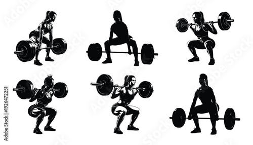 Weightlifting silhouettes showcase various barbell positions and athletic female figures