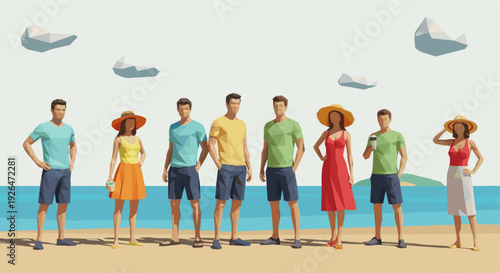 Group of diverse people, men and women, stand on a beach against a blue sea and sky, in a low polygon style, creating a modern, geometric, summery, and relaxed atmosphere.