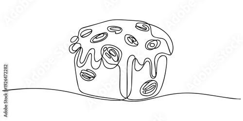 Delicious raisin scone with icing continuous one line drawing, Detailed Line Art Illustration of Three Raisin Scones, Vector outline buns, scone, crumpet. Hand drawn simple bread icons in doodle style