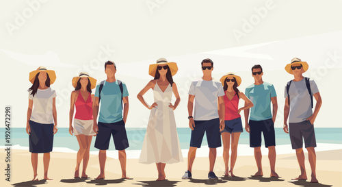 A group of seven friends enjoy their vacation as they stand on the beach; all are facing forward, wearing casual clothing, and hats and sunglasses.