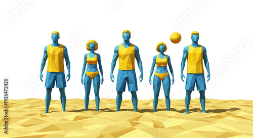 Low poly people in swimwear stand on a yellow sand beach, ready to play volleyball; a stylized representation of leisure and summertime fun with a modern design aesthetic.