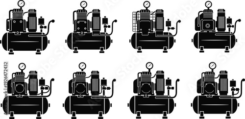 Industrial air compressor silhouettes set including portable electric motor piston tank and pressure gauge units for pneumatic tools workshop garage and automotive service maintenance