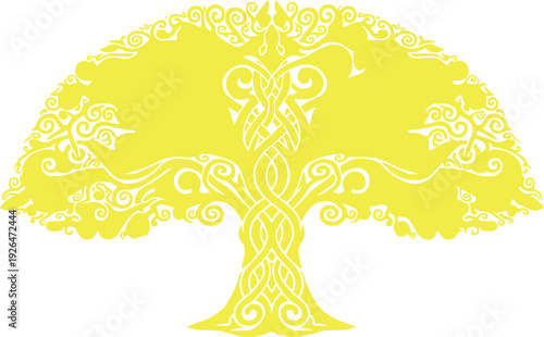 The image features a stylized illustration of a tree characterized by its thick trunk and a symmetrical canopy that resembles a half-circle. The design is visually striking due to the intricate 