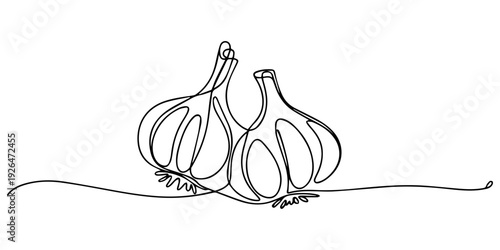 Garlic one line drawing. Garlic single line illustration. Garlic minimalist line art. Garlic vector art, Garlic bulb one line continuous drawing. Fresh organic vegetable. Vector illustration, One line