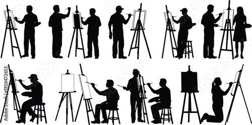 Artist painting silhouette collection, painters with easel and canvas isolated on white background, black shadow art set