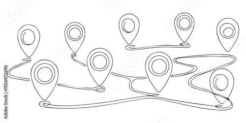 location pin network of connected points for navigation and mapping applications continuous line drawing, Minimal line icon showing map location pins connected by dots and lines, symbolizing. Concept.