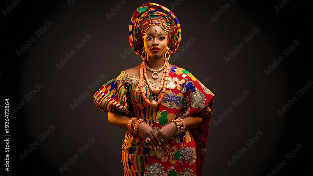 Obraz Portrait of a Nigerian Bride in Traditional Kente Pattern Wedding Dress with Matching Gélé Headwrap and Gold and Coral Jewelry Set