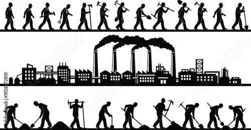 Industrial factory skyline silhouette with manufacturing plant smokestacks and manual labor workers walking and digging for heavy industry production construction and mining projects