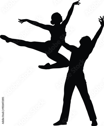 Ballet dancers silhouettes performing graceful lift pose showing classical dance partnership elegance strength isolated white background illustration art