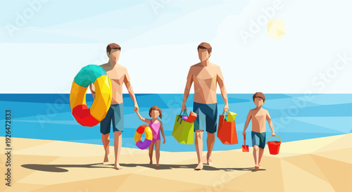 Vector illustration of a family walking along a sandy beach, carrying beach toys, shopping bags, and an inflatable swim ring on a sunny day.